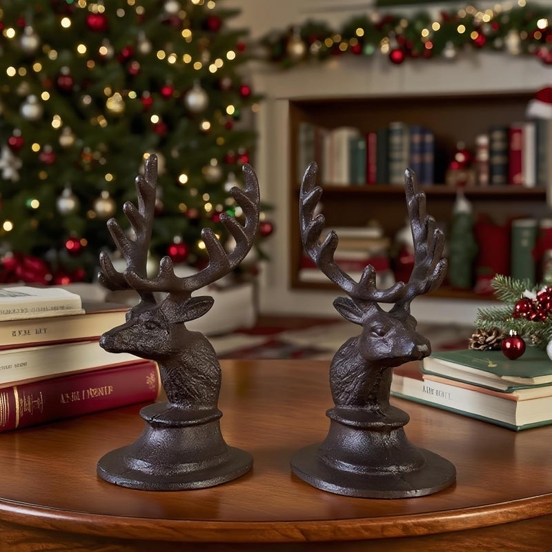 Remenna Decorative Bookend Deer Head Antler Book Ends Heavy Duty Cast Iron Vintage Shelf Decor, Antique Brown - Image 5